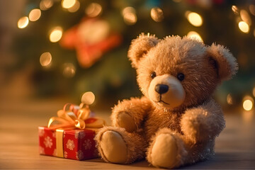 Teddy bear and gift boxes next to the Christmas tree. Generative AI.