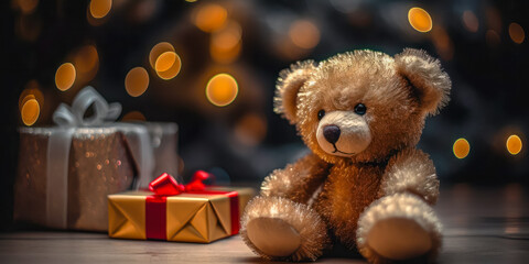 Teddy bear and gift boxes next to the Christmas tree. Generative AI.