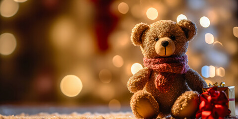 Teddy bear and gift boxes next to the Christmas tree. Generative AI. - obrazy, fototapety, plakaty