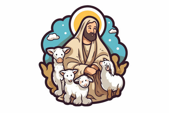 Illustration of a sticker with the image of the good shepherd. Generative AI.