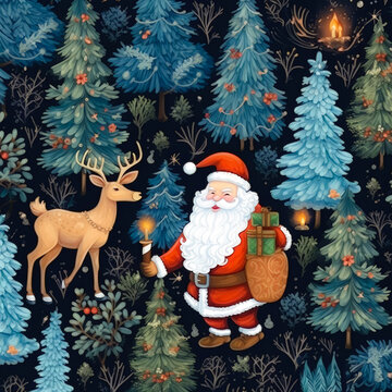 a painting of santa claus in the woods with a deer and a lantern in his hand