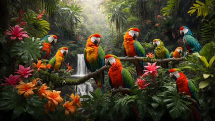 A tropical forest with a group of parrots