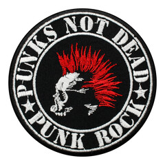 Punk's not Dead embroidered patch. Punk rock. Anarchy. Skeleton with mohawk. Skull. Accessory for bikers, motorcyclists, rockers, metalheads, punks. Rock'n'roll.