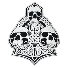 Embroidered patch depicting a skeleton, skull, death. Accessory for metalheads, punks, rockers, bikers, satanists, emo, street aggressive subcultures. Mjolnir. Hummer of Thor.