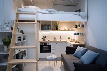 Poster tiny apartment with space saving solutions, Interior design © Irina