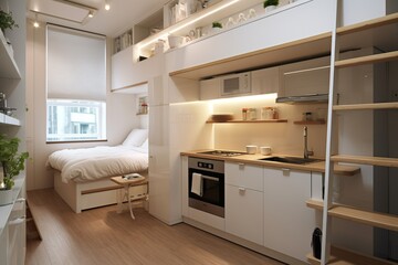 tiny apartment with space saving solutions, Interior design - obrazy, fototapety, plakaty
