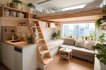 Fototapeta na wymiar tiny apartment with space saving solutions, Interior design