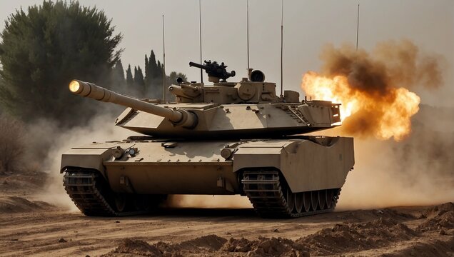 Military tank on a battlefield. Desert landscape. War image. Generative AI.