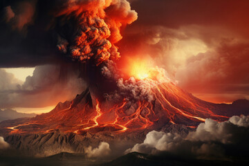 Volcanic eruption with clouds of steam, ash, smoke and erupting lava