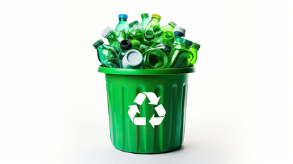 recycling bin full of empty glass bottles on white background