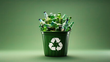 recycling bin full of empty glass bottles on green background