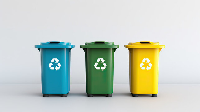 Three recycling bins on a white floor and wall