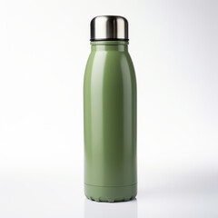 Green stainless steel thermos on a white background