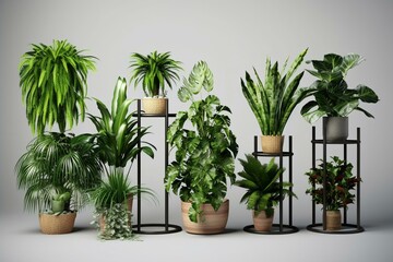 Indoor plants stand: Zamia, Aloe, Anthurium. Generative AI