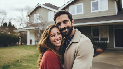 Newly married couple hug and smile for the camera in front of the house they bought