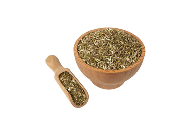 Dry Tansy Herb in latin Tanacetum vulgare in latin sambuci flos in wooden bowl and scoop isolated...