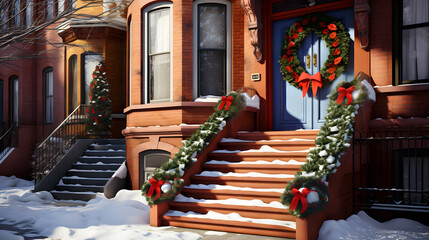 The blue house entrance with a classic Christmas wreath snowy day. Generative AI - obrazy, fototapety, plakaty