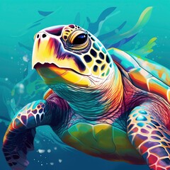 Portrait of turtle swimming in the water with colorful scribble art style.Generative AI