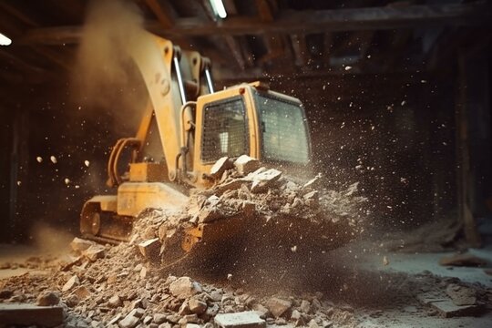 Intense demolition: Dust, sparks, broken concrete. Jackhammer on excavator arm reconstructs old road. Generative AI