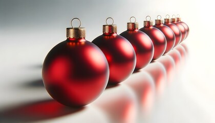 A row of shiny red Christmas balls with elegant highlights on a neutral shaded background, perfect to represent the festive spirit.
