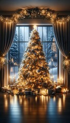 Magical Christmas scene with a large tree decorated with twinkling lights and golden balls, surrounded by gift packages and lit candles, in front of a window overlooking a snowy forest, creating a war