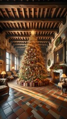 Imposing Christmas tree richly adorned with sparkling lights and colourful orbs, elegant presents at the base, in an old hall with wood-beamed ceilings, tiled floors, period furnishings and an ornate 