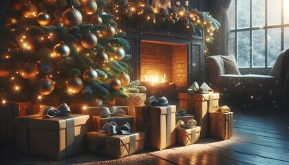 Christmas scene with beautifully decorated Christmas tree, presents wrapped in golden paper, twinkling lights and a lit fireplace in a room with a wooden floor, under light snow visible through the wi