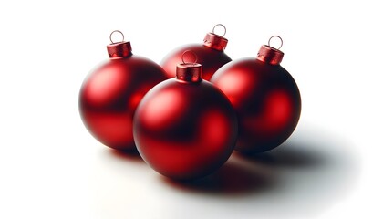 four shiny red Christmas balls with a matt finish and metallic attachments on a white background with soft shading.