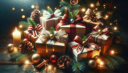 Festive atmosphere with carefully wrapped Christmas presents, glittering decorations, pine cones and warm candlelight on a wooden background.