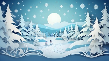 Winter illustration in cutout style with snowy landscape, Christmas trees, snowmen and delicate snowflakes under the moonlight.