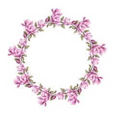 Beautiful magnolia flower branch with leaves round frame watercolor paint on white background