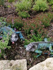 artificial garden figures of Iguanas on a flower bed with spicy herbs. Floral Wallpaper	