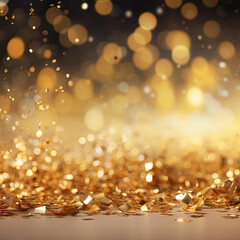 Golden blurred background with a bokeh effect, confetti, and golden ribbons. An abstract luxurious festive backdrop. Generative ai.