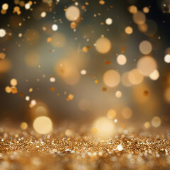 Golden blurred background with a bokeh effect and confetti. An abstract luxurious festive backdrop. Generative ai.