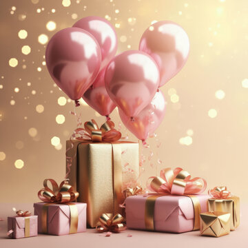 A festive romantic scene with confetti, heart-shaped pink balloons, and gift boxes, all shimmering with the sparkle of confetti and ribbons. Generative ai.