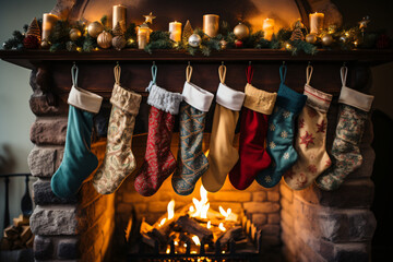 Fototapeta na wymiar Christmas socks hanging in the chimney