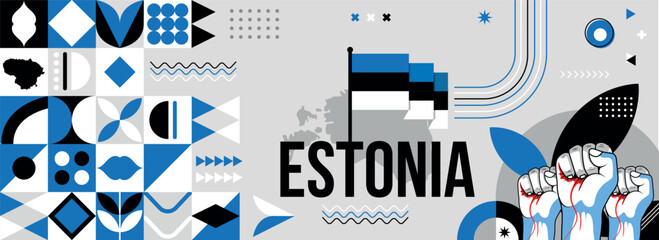 Estonia national or independence day banner for country celebration. Flag and map of Estonia with raised fists. Modern retro design with typorgaphy abstract geometric icons. Vector illustration.