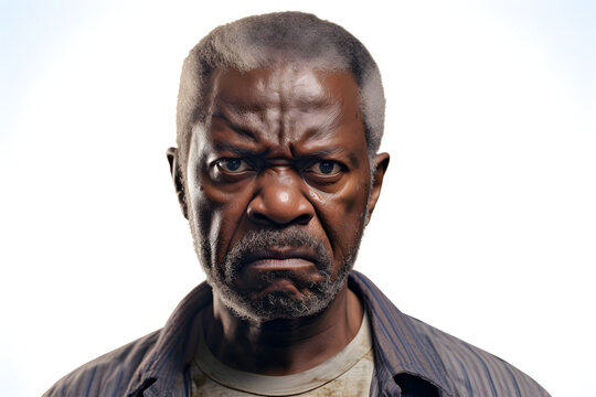 Angry senior African American man, head and shoulders portrait on white background. Neural network generated image. Not based on any actual person or scene.