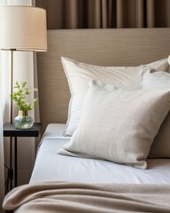 Close-up of pillows on bed in hotel room Home decor and interior design, bed with white bedding in luxury bedroom, bed linen laundry service and furniture details - obrazy, fototapety, plakaty