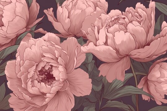 Seamless background with lovely pink peony flowers. Generative AI