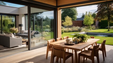 Fototapeta premium scandinavian dning room with big window daylight home interior creative design background dining area decorate with natural material and colour scheme in cosy comfort interior house