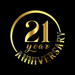 21 year anniversary celebration. Anniversary logo with golden color vector illustration.