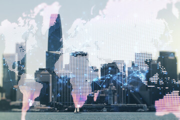 Abstract creative world map interface on San Francisco skyline background, international trading concept. Multiexposure