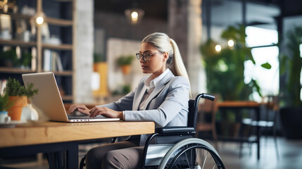 copy space, stockphoto, Woman in a wheelchair working on a laptop in an office, handicap and disability. Disabled woman working with a laptop in an office environment.