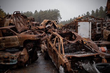 a lot of burned out cars