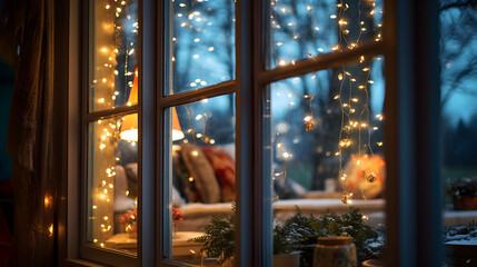 Christmas and Lighted Decorations and Tree from the Window, Festive Atmosphere, High-Quality 4K