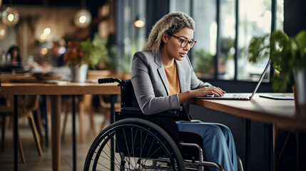 copy space, stockphoto, Woman in a wheelchair working on a laptop in an office, handicap and...