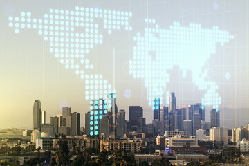 Multi exposure of abstract graphic world map on Los Angeles cityscape background, big data and networking concept