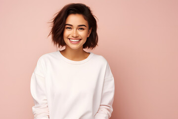 Woman in white mockup sweater standing in pink studio background
