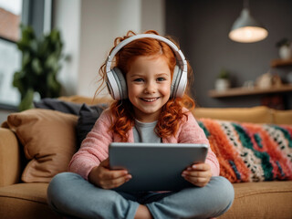 Fotografía de niña pelirroja con auriculares y tablet en el salón de casa. Niños y tecnología. Generación alfa.